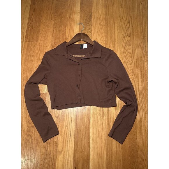 H&M Brown Cropped Button Down Top (Altered Cut) – Super Cute Layering Shirt Y2K - Picture 2 of 7